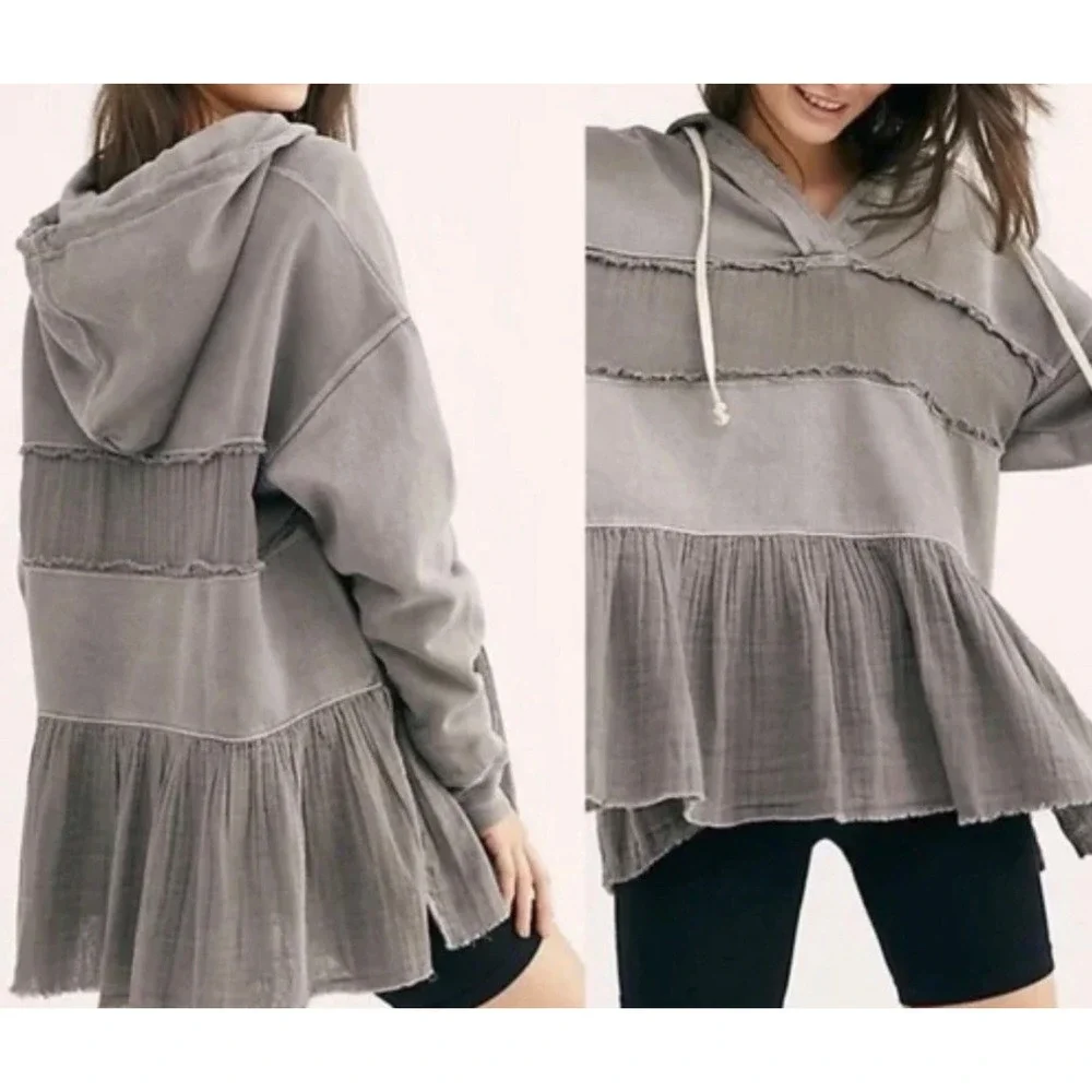 Free People Sail Away Ruffle Hoodie Womens L Gray Cotton Oversized Tunic Raw Hem
